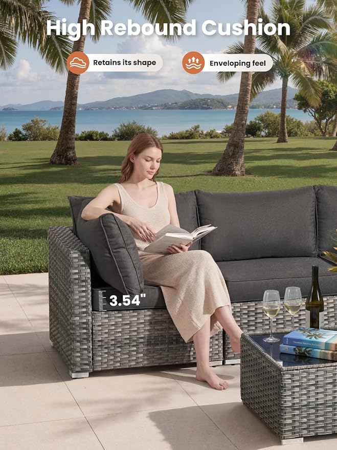 ovios Outdoor 9 Piece Coversation Set with Swivel Rocking Chair,Sectional Patio Furniture Set with All-Weather Wicker Sofa,Modern Outside Couch for Balcony Backyard Pool, Black