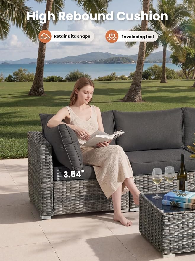 ovios Outdoor 5 Piece Coversation Set with Coffee Table,Sectional Patio Furniture Set with All-Weather Wicker Sofa,Modern Outside Couch for Balcony Backyard Pool, Black