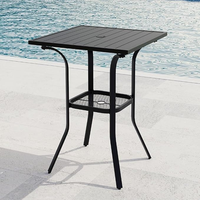 VICLLAX Outdoor Bar Table, 28" Wide Square Patio Bar Height Table Weather Resistant Metal Slatted Tabletop with Umbrella Hole for Balcony Front Porch, Backyard, Black