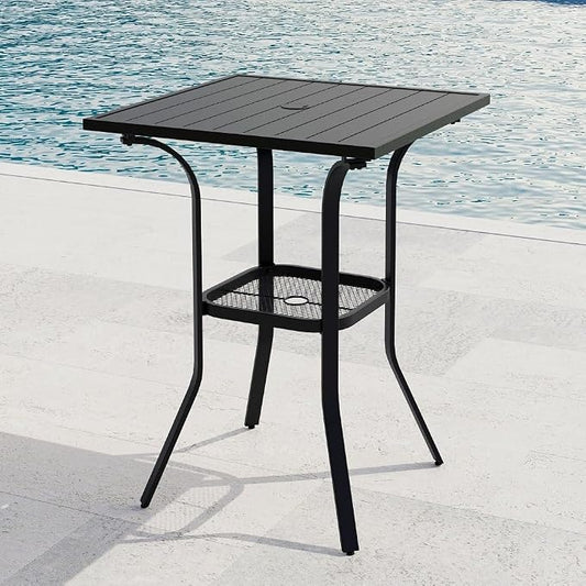 VICLLAX Outdoor Bar Table, 28" Wide Square Patio Bar Height Table Weather Resistant Metal Slatted Tabletop with Umbrella Hole for Balcony Front Porch, Backyard, Black