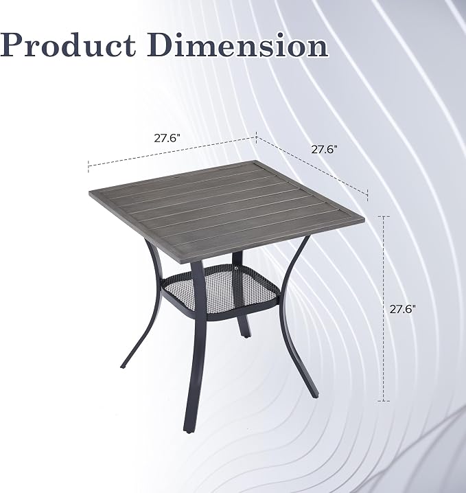 Outdoor Dining Table with Storage Shelf, 27.5" All-Weather Square Patio Dining Table for 2, Metal Patio Table for Garden Lawn Porch Deck Yard, Grey