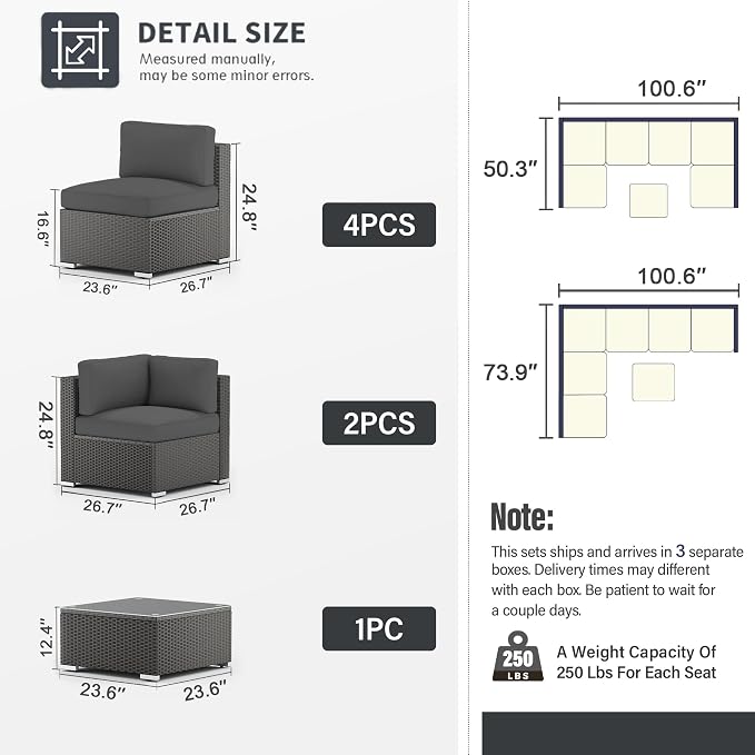SUNCROWN 7-Piece Outdoor Patio Furniture Sofa Set All-Weather Black Wicker Sectional Conversation Set with Modern Glass Coffee Table and Cushions, Backyard, Garden, Poolside, Grey
