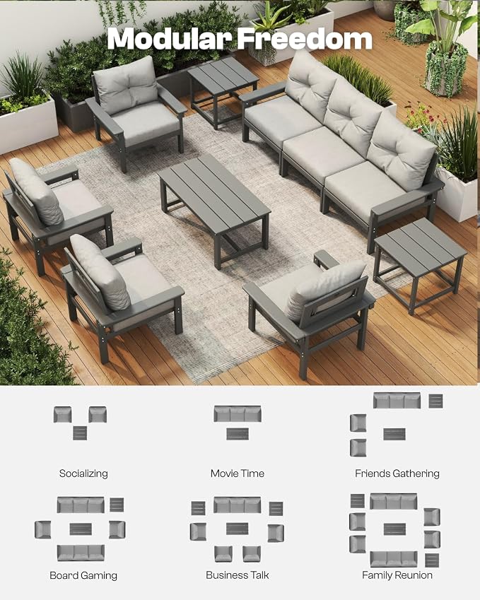 Grey HDPE Outdoor Patio Furniture Set, 10-Piece Patio Conversation Sets with Coffee Table & Washable Thick Cushions, Outdoor Sofa for Garden, Balcony, Porch, Yard, Lawn, Poolside