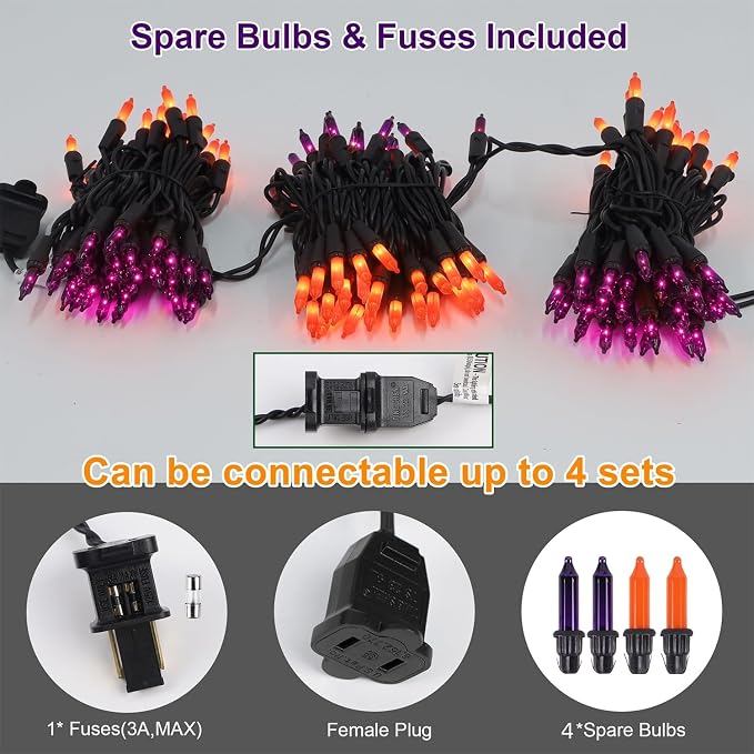 LJLNION 3 Sets Halloween Lights, 29ft 150 Count Black Wire Fairy Mini Lights, 120V UL Certified Incandescent Light String, Connectable for Garden Patio Holiday Party Outdoor Decor, Orange & Purple