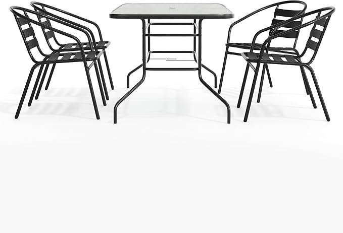 Flash Furniture Lila 5 Piece Patio Dining Set - 55" Tempered Glass Patio Table with Umbrella Hole - 4 Black Metal Aluminum Slat Stack Chairs
