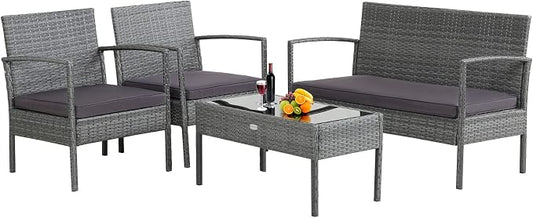 Tangkula 4 Piece Patio Furniture Set, Patiojoy Outdoor Wicker Conversation with Soft Cushion, Glass Tabletop, Solid Steel Frame, Sectional Sofa for Backyard, Poolside, Balcony