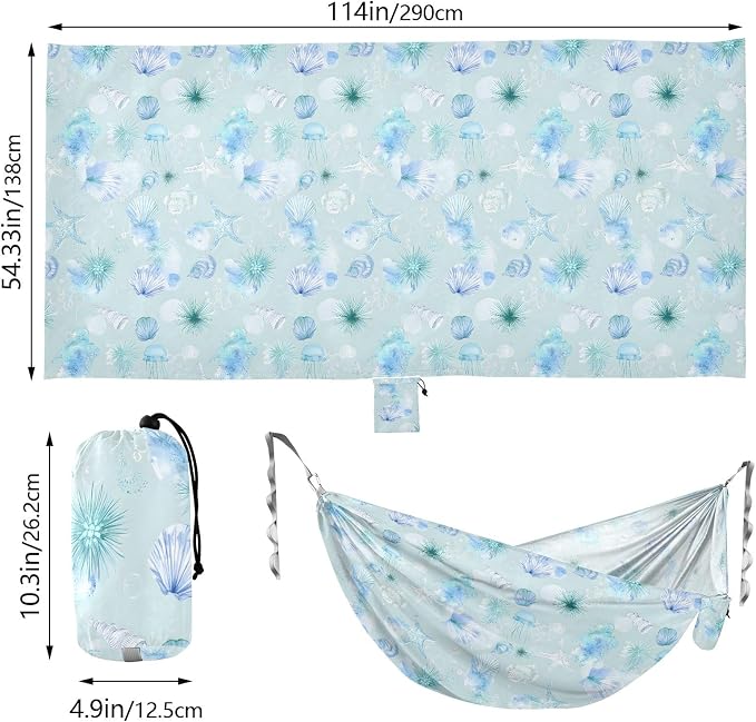 Camping Hammock Outdoor Hammocks for Outside Blue Shell Sea Urchin Beach Trees Portable Lightweight with Pockets Tree Straps Indoor Small