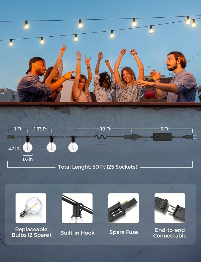 XMCOSY+ Patio Lights, Smart 50Ft Outdoor String Lights with 25 G40 Bulbs | Dimmable LED globe bulbs, APP control, works with Alexa, IP65 waterproof, connectable design for outdoor patio decor