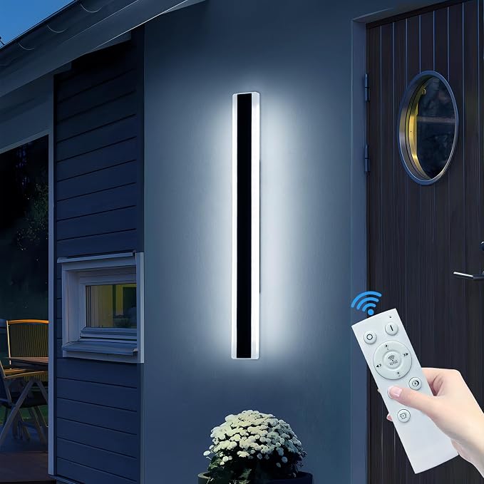 39inch Outdoor Modern Wall Sconces, Dimmable Exterior Wall Mounted Lighting 3 Color 3000K/4500K/6000K, IP65 Waterproof, Minimalist Porch Lights Fixture for Yard Patio Garage with Remote Control