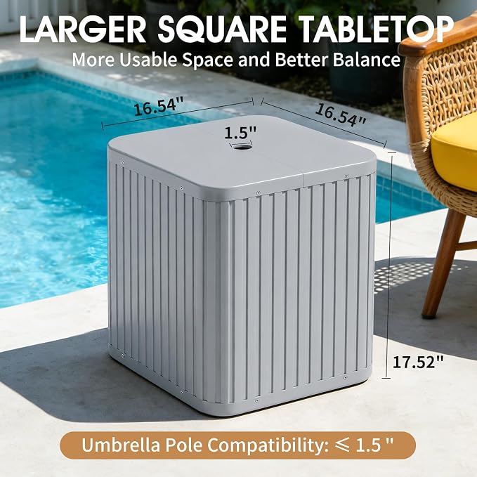 BoYata Outdoor Umbrella Side Table, 2-in-1 Outdoor Side Table with Umbrella Hole, 15.9 Gallon Fillable Umbrella Stand Base, Fit Up to 1.5" Pole, Square Patio Side Table for Poolside, Deck, Matte Gray