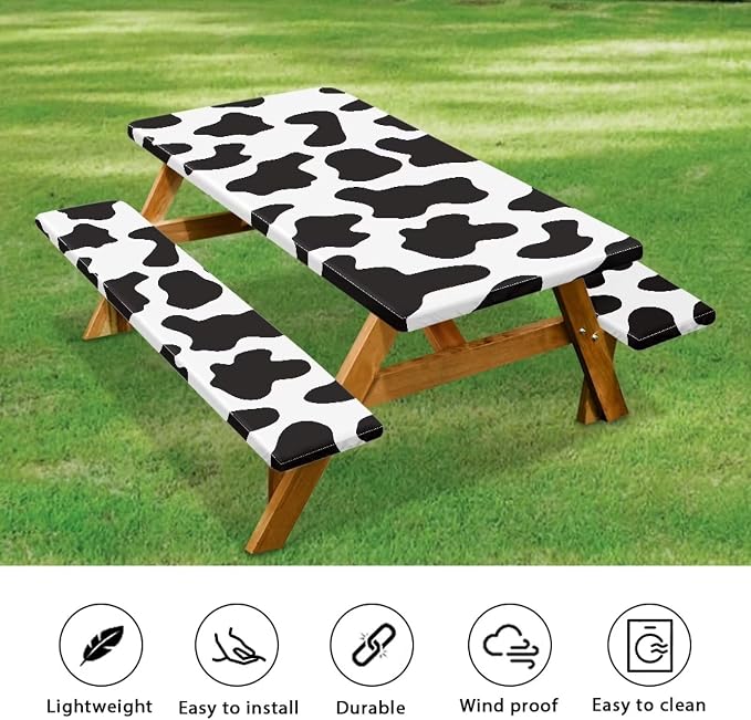 Cow Print Fitted Picnic Table Cover with Bench Covers Abrasion Resistant Picnic Table Cover Dustproof Waterproof 3 Piece Picnic Table Cover Set Fits Rectangular Tables and Seats 94x30 Inches