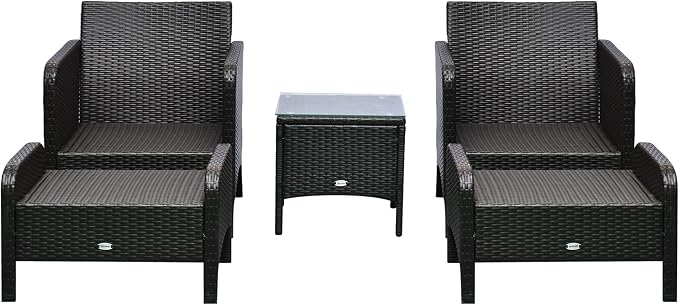 Outsunny 5 Pieces Rattan Wicker Lounge Chair Outdoor Patio Conversation Set with 2 Cushioned Chairs, 2 Ottomans and Tempered Glass Top Coffee Table, Brown/Blue