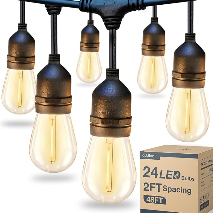 addlon LED Outdoor String Lights 48FT with 25 Edison Vintage Bulbs ETL | Commercial Grade Strand with Shatterproof Bulbs, Decorative Hanging Lights for Patio Backyard Garden Cafe Bistro Deck