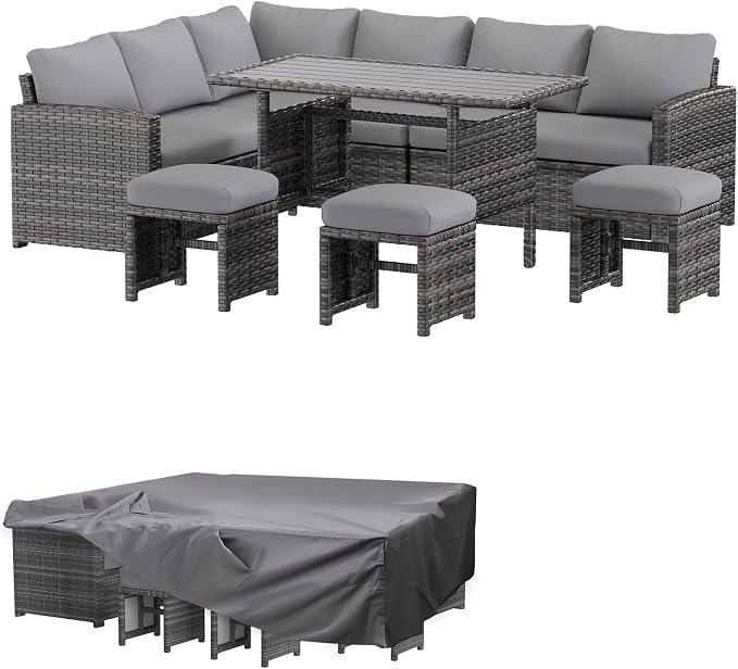AECOJOY Outdoor Patio Furniture Set with Waterproof Cover, 7 Pieces Clearance Sectional Rattan Dining Table&Chairs, All Weather Wicker Conversation Sofa Couch, Grey Cushions&Grey Rattan
