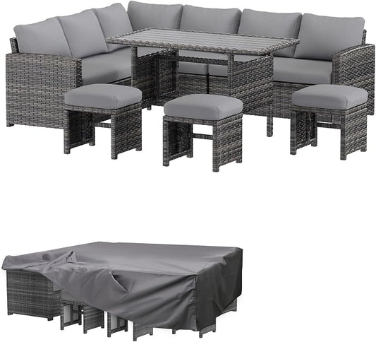 AECOJOY Outdoor Patio Furniture Set with Waterproof Cover, 7 Pieces Clearance Sectional Rattan Dining Table&Chairs, All Weather Wicker Conversation Sofa Couch, Grey Cushions&Grey Rattan