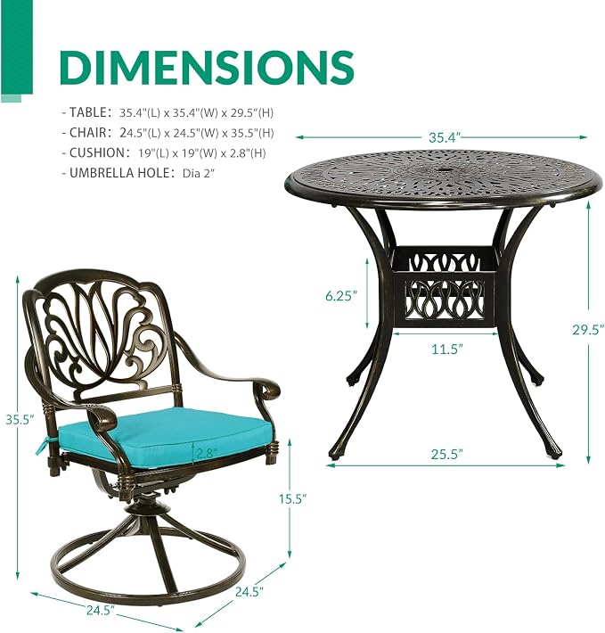 VIVIJASON 5-Piece Outdoor Patio Dining Set, All-Weather Cast Aluminum Conversation Set, Patio Furniture Set, Include 4 Swivel Dining Chairs, a 35.4" Round Table w/Umbrella Hole, Ocean Blue Cushion