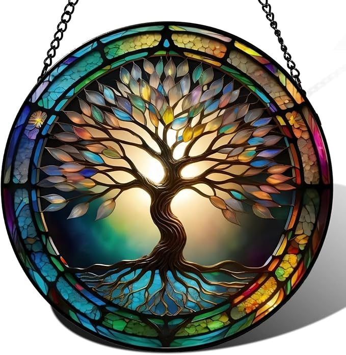 Colorful Tree of Life Suncatcher | 7.9 in, Stained Glass, Window Hanging Catcher, Garden Decor