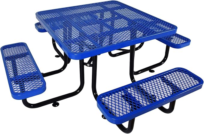 Heavy Duty Picnic Table for Outdoors 3200 lbs Load All Metal Camping Table with Umbrella Hole up to 1.5", Commercial Picnic Table with Benches for School, Coffee Shop, Blue