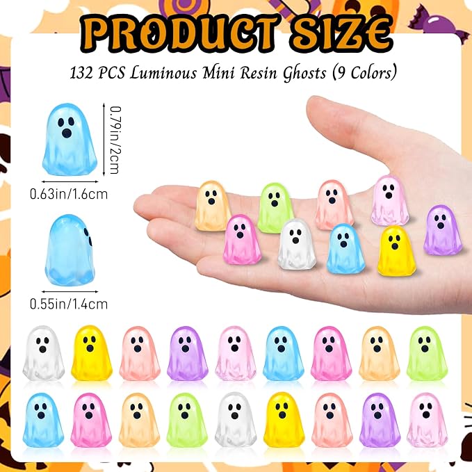 132 Pcs Halloween Luminous Mini Ghost Figures 9 Colors Glow in the Dark Tiny Little Resin Ghost Statues Miniature Figurines for Halloween Vase Filler Micro Landscape Fairy Garden Party Decor