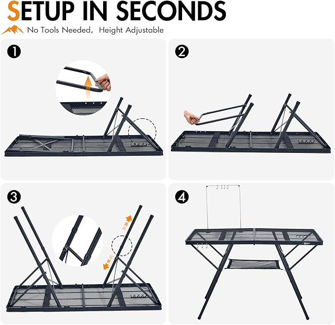 Portal Iron Mesh Folding Grill Table with 2 Adjustable Heights(15" & 29"), Heavy Duty Metal Camp Table, Heat-Resistant Tabletop for BBQ & Outdoor Cooking, One-Piece Folding Design, Dark Gray