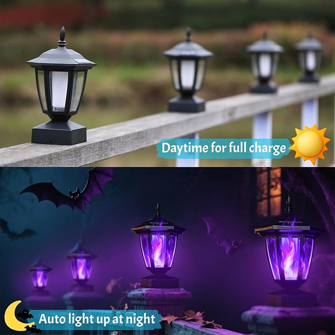 Dynaming Solar Flame Post Cap Lights Outdoor, Halloween Flickering Purple Flame Post Lights, Solar Powered LED Lantern Waterproof for Garden Deck Fence Patio, Fit 4x4, 5x5 or 6x6 Wooden Posts, 2 Pack