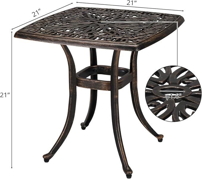 Bonnlo 21 Inch Cast Aluminum Outdoor Side Table with Umbrella Hole, Anti-Rust Coffee Bistro Table for Outdoor, Patio, Garden, Porch, Balcony End Table (Square, Bronze)