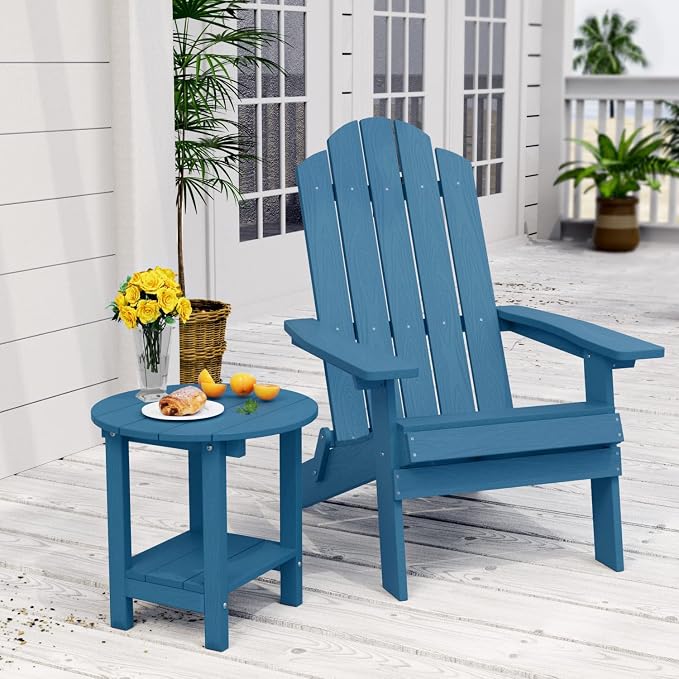 MXIMU Round Outdoor Side Table Adirondack Tables 18 Inch Chairside End Tables with Storage Shelf, 2-Tier Plastic Patio Side Table, Weather Resistant for Balcony Backyard Lawn (Navy, 2 Pack)