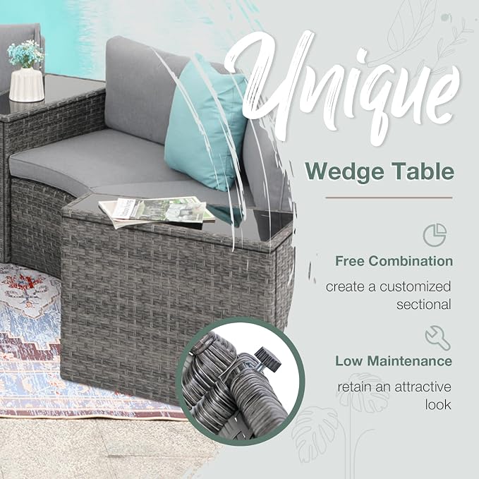 SUNSITT Rattan PE Resin Wicker Patio Side Table 2-Pack Sofa Wedge End Table with Tempered Glass Top, Grey