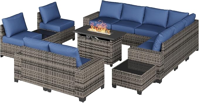 Aoxun Patio Furniture Sets with 44'' Fire Pit, 13 Pcs Outdoor Patio Coversation Set with 4in Thicken Cushion, Widen Armrests Wicker Outdoor Sectional for Backyard
