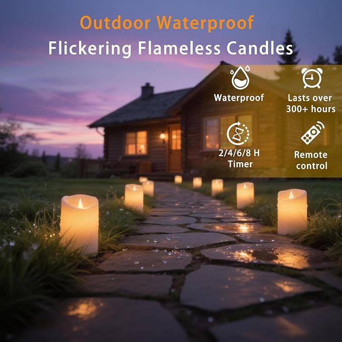 Bulk Set of 12 Outdoor Flameless Candles, Patented 3D Dual-LED Resin Pillars with 2 Remotes, Waterproof Non-Melting Battery Operated Wedding Aisle Decor, Ivory (D3 x H6)