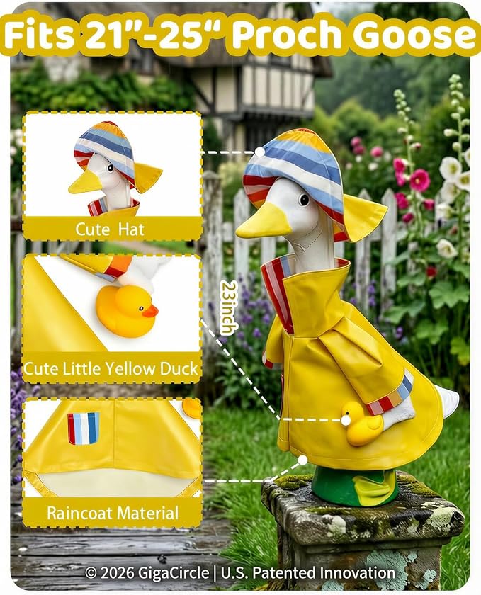 Porch Goose Outfits Raincoat with Hat & Little Duck - 23" Summer Yellow Rain Slicker Lawn Geese Clothes, Cute Porch Goose Spring Outfits for Garden Decor, Funny Gift for Mom Grandma