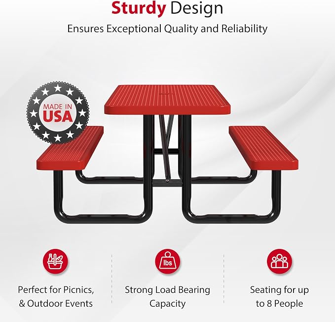 Leisure Craft Metal Picnic Table with Bench - 8 ft Rectangle Outdoor Dining Table for 8, Umbrella Hole, Weatherproof Heavy Duty Thermoplastic Coating, Commercial Grade Furniture Made in USA - Red