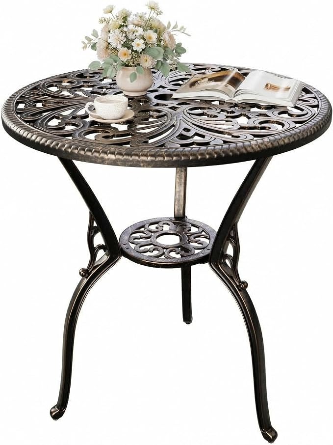 23" Round Cast Aluminum Patio Bistro Table, Outdoor Coffee Bistro Side Table with Umbrella Hole, Antique Design Dining Desk for Backyard, Garden, Porch, Pool, Balcony, Bronze