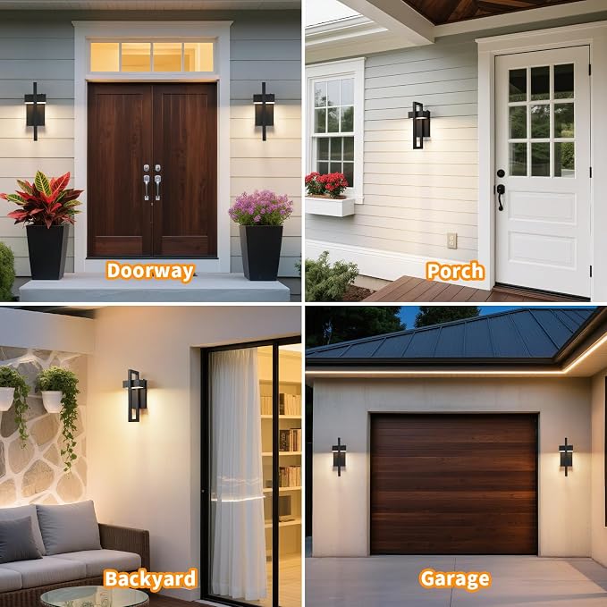 LED Outdoor Wall Sconce Dusk to Dawn Outdoor Lighting, Modern Exterior Lighting Fixtures, Black LED Front Porch Lights Outside Wall Mount Lights for House, Hallway, Warm White 3000K, 2 Pack