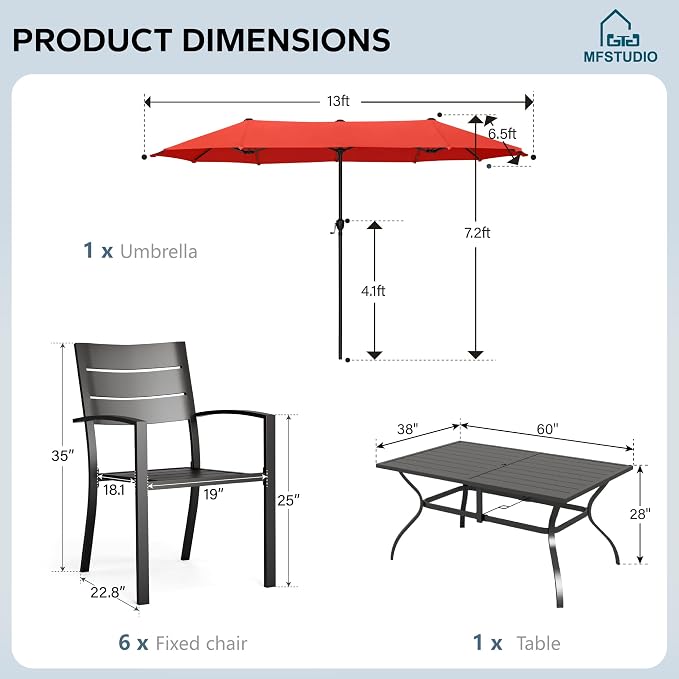 MFSTUDIO Outdoor Dining Set with Umbrella, Metal Patio Dining Set for 6 Persons, Patio Furniture Set with Orange Red Umbrella (Base not Included)