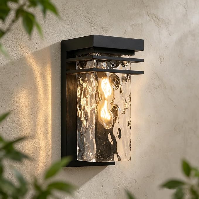 Modern Outdoor Wall Light Exterior Sconce with Dusk to Dawn | Black,Water Seeded Glass,Open Bottom,Outside Porch Lighting Fixture,E26