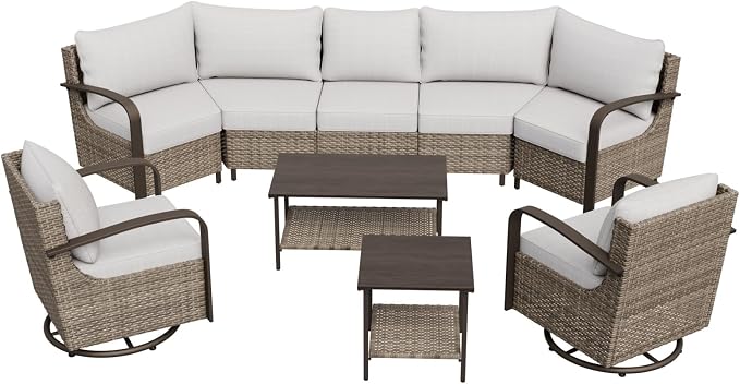 COOS BAY Aurora Terrace 7 Piece Outdoor Sectional Furniture Set, Half Moon Rattan Wicker Conversation Set with Swivel Chairs, 5 Seat Sofa, Coffee & Side Table for Patio Garden Yard, Beige/Beige