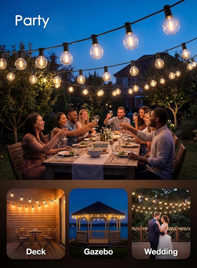 25FT G40 LED Globe Outdoor String Lights with 25 Plastic Shatterproof Bulbs | 2700K Warm White, IP65 Waterproof Hanging Connectable Globe Lights for Patio, Backyard, Bistro, Porch, Black Wire