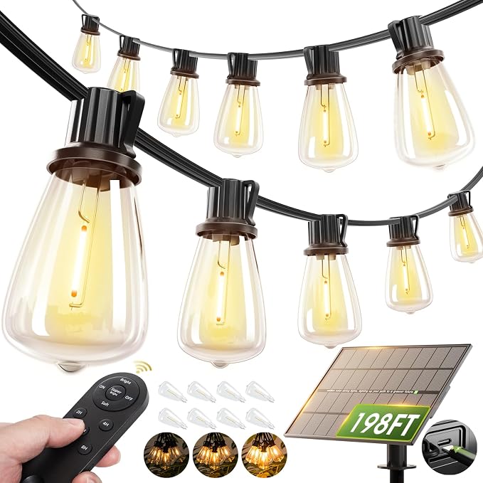 addlon 198FT Solar String Lights Outdoor, with 104 Dimmable LED Bulbs | Ideal for Large Backyard, Garden, Wedding, Party, Camping, Spaced 2FT, IP65 Waterproof, Remote, Easy Install, Last 20+ Hrs