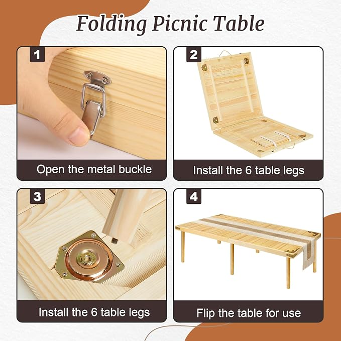 Low Picnic Table with 2 Adjustable Heights – Boho Wooden Picnic Table with Table Runner, 79" x 32" Size for 8, Portable & Foldable for Beach, Camping & Forest