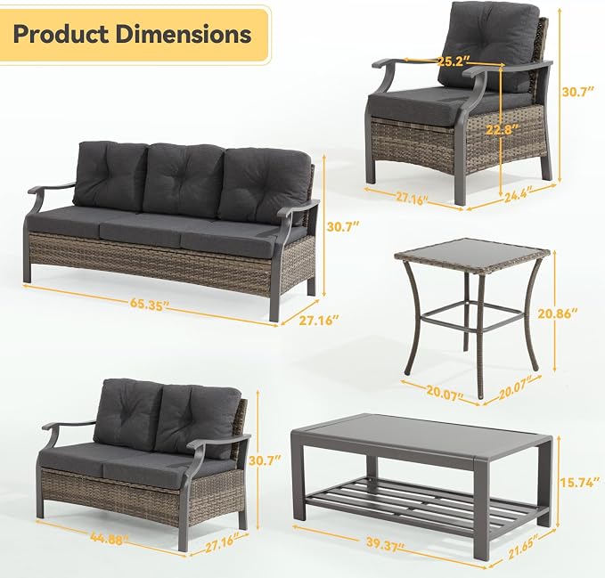 Outdoor Patio Furniture Set, 6 Pieces Outdoor Conversation Sets with Coffee Table & Side Table, Wicker Rattan Outdoor Sectional Sofa Set for Backyard, Deck, Porch, Poolside, Gray