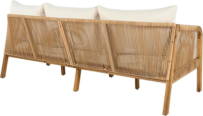 Christopher Knight Home Havets 3 Pieces Acacia Wood Patio Furniture Set, Faux Rattan Sofa and Coffee Table, Outdoor Conversation Sets with 6" Thick Cushions for Backyard Garden Balcony, Teak+Beige