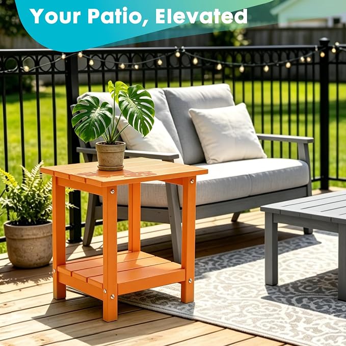Outdoor 2-Tier Square Side Table, Adirondack Weather Resistant Patio End Table, Low Maintenance HDPE Accent Table for Backyard, Pool, Porch, Deck, Orange