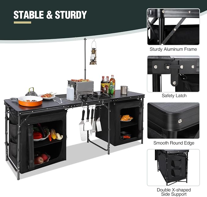 REDCAMP 6 ft Portable Camping Kitchen Table, Tri-fold Camping Grill Table Cook Station with Storage Organizer and Telescoping Light Stand for BBQ, Party and Picnic