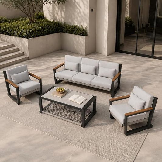 Aluminum Patio Furniture Set 5 Seats, Oversized Outdoor Sectional with Washable Thick Cushions, Coffee Table and Waterproof Cover, Patio Conversation Sets for Porch, Balcony, Deck Grey
