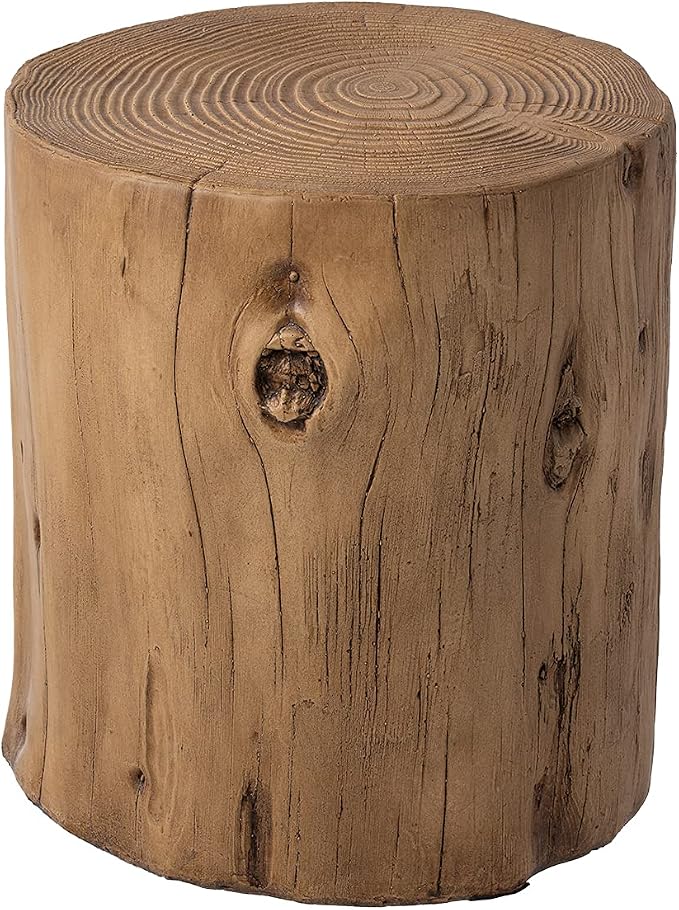 HOMPUS Concrete Outdoor Side Table Tree Stump Modern Round Coffee Table Accent Table Plant Stand Faux Wood End Table Garden Stool for Patio,Home Decor, Living Room(Light Oak)