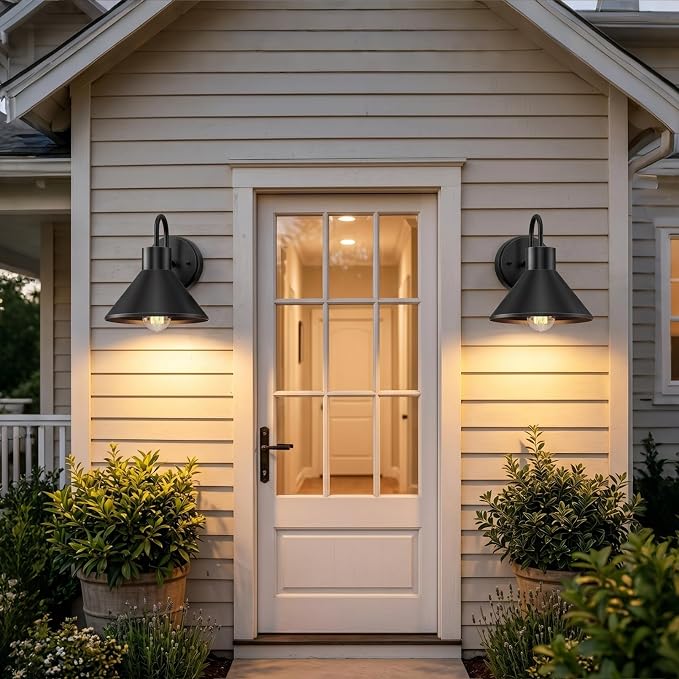 Lamomo 2-Pack Gooseneck Outdoor Barn Light, Black Wall Sconces Waterproof | 8" Vintage Farmhouse Exterior Lighting Fixture, Outside Rustproof Porch Light Outdoor for House Garage Entryway Patio Shed