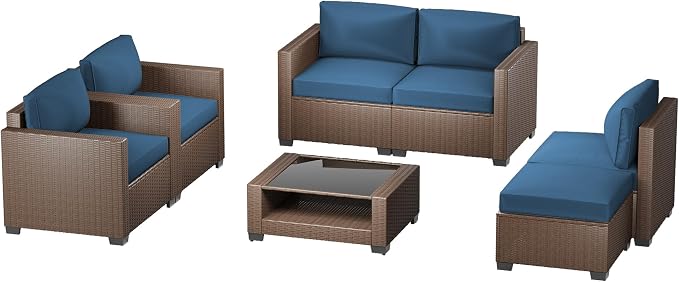 Patio Furniture Set, 7-Piece Outdoor Sectional Couch with Coffee Table & Thick Cushions, Outdoor Wicker Conversation Set for Backyard, Poolside, Garden (Brown-Peacock Blue, 7 Piece-Double)
