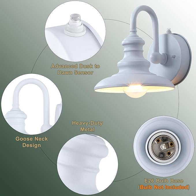 Dusk to Dawn Sensor Outdoor Gooseneck Barn Light Fixture White | Exterior Wall Sconce Lighting Waterproof Outside Porch Lantern Rustic Wall Mount Lamp for House Garage Farmhouse