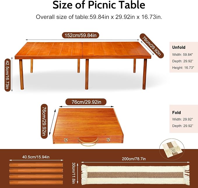 Folding Picnic Table with Table Runner, 60 * 30in Wooden Picnic Table for Outdoors, Boho Low Coffee Table for Sitting on The Floor, Suitable for Beach, Park, Garden, Camping, Travel(Brown)